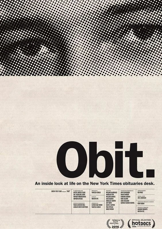A minimalist halftone portrait where eyes become dots against stark contrast, overlaid with bold text and logos on a beige canvas.