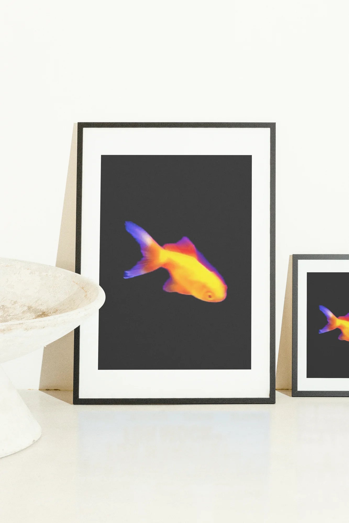 Une photographie numérique minimaliste capture un poisson vibrant rendu dans des tons de gradient thermique. Des teintes orange chaudes rencontrent des queues bleues froides sur une toile noire austère, évoquant le silence h. black, digital, marine, minimalist, orange, purple, vibrant