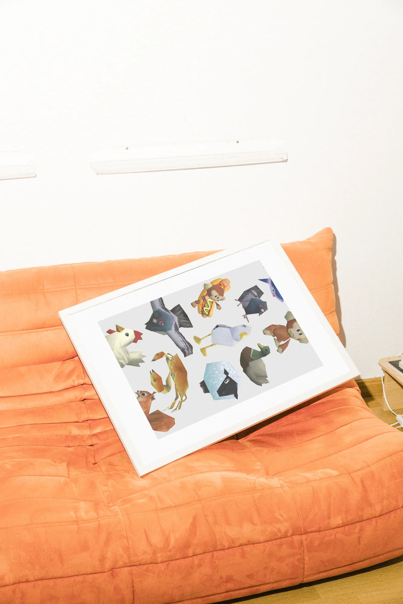 Des animaux et objets de dessin animé 3D stylisés se rencontrent dans un joyeux collage dispersé de couleurs vives et de formes exagérées.. animals, blue, collage, digital, orange