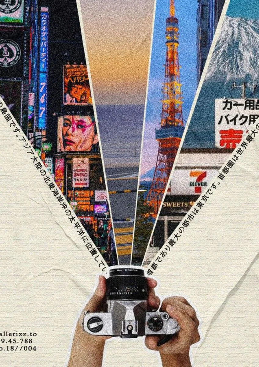 Layered urban montage captures the pulse of a metropolis, blending Tokyo Tower and Fuji through vibrant cityscapes to evoke modern energy.