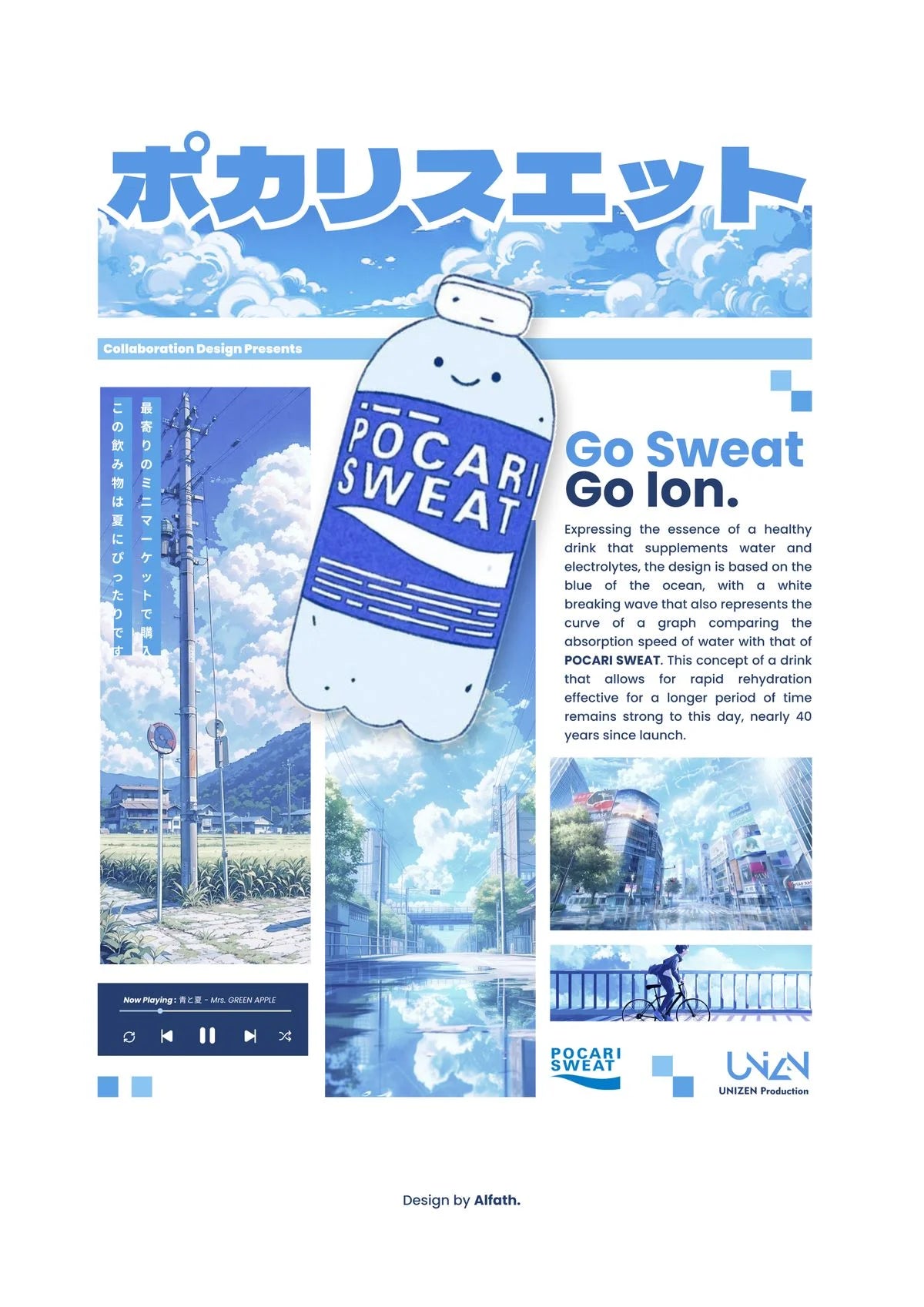 Un collage vibrant d'une bouteille de POCARI SWEAT nichée contre des paysages oniriques, fusionnant l'énergie urbaine avec une fraîcheur rafraîchissante.. blue, digital art, illustration, minimalist, white