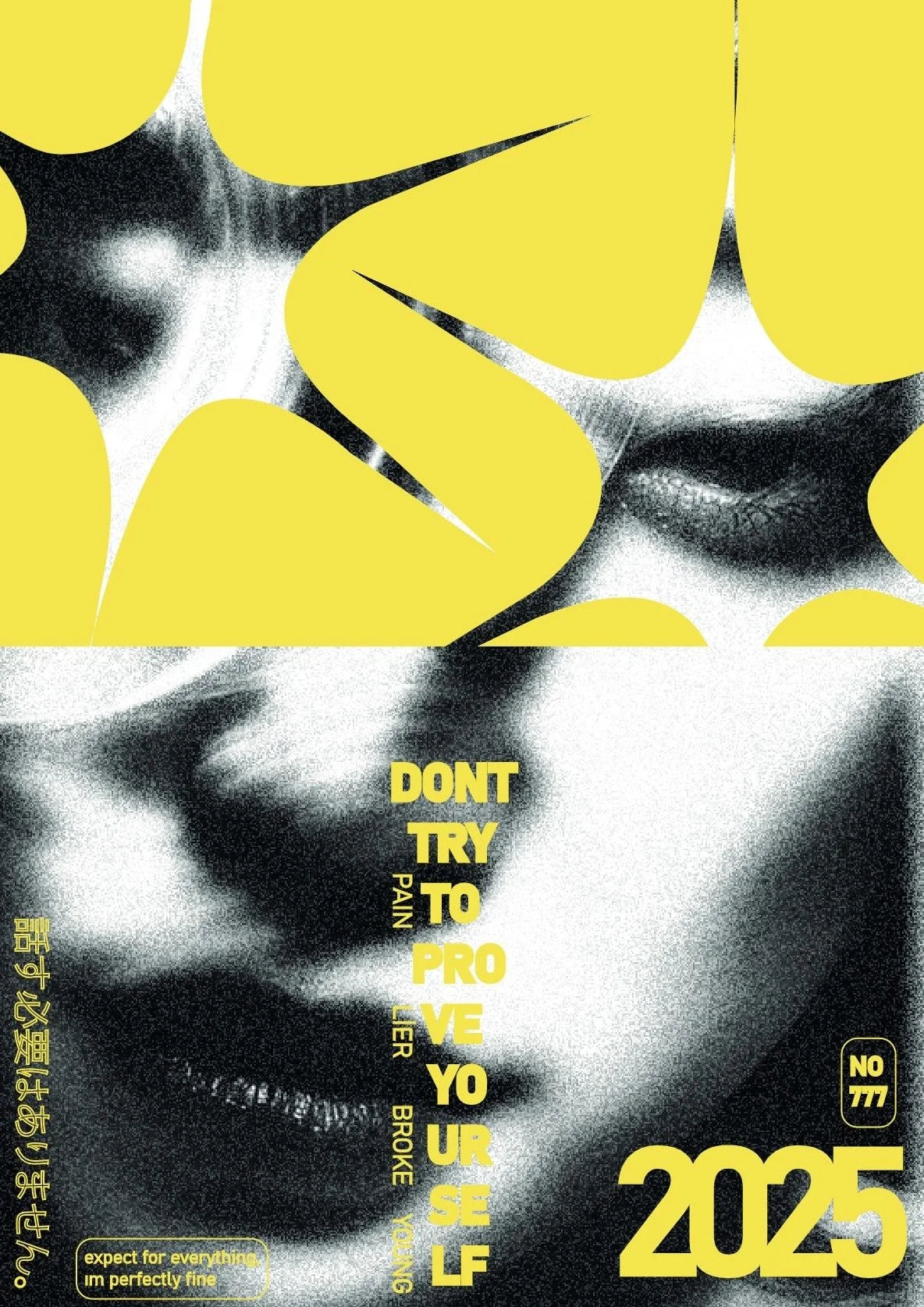 High-contrast graphic print featuring a distorted close-up face overlaid with bold yellow geometric shapes against a stark black-and-white backdrop. A modern mood of digital abstra