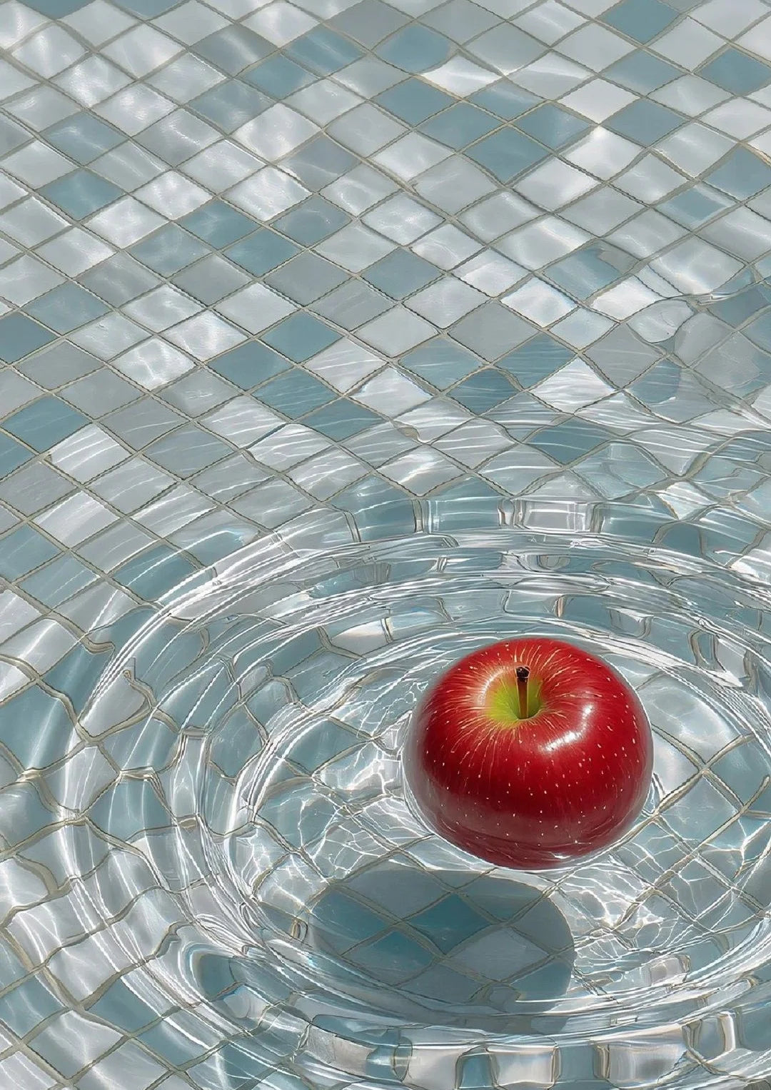 Une pomme rouge vibrante flotte sereinement dans l'eau claire d'une piscine sur un sol carrelé bleu, évoquant une profonde tranquillité et une beauté naturelle.. blue, nature, photographic, red, serene