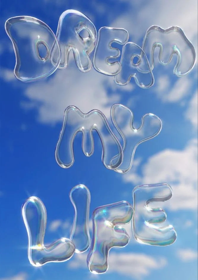 Des bulles irisées flottent dans un ciel lumineux, chaque lettre murmurant un rêve impossible.. blue, digital, minimalist, typographic, white
