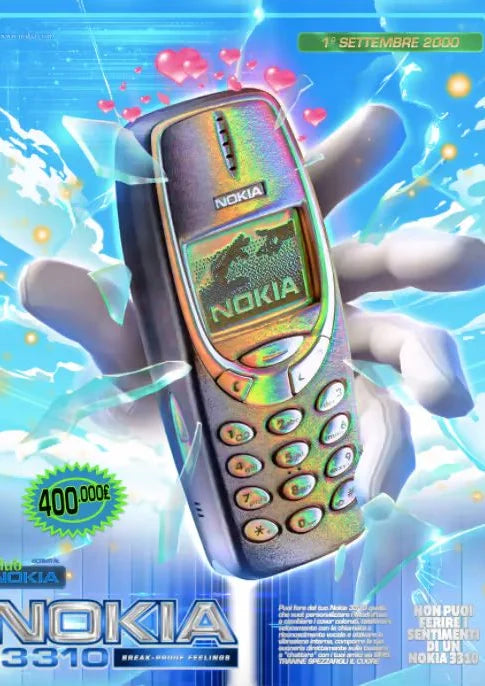 Glowing neon blues and pinks transform the classic Nokia 3310 into a modern digital beacon, celebrating retro futurism with electric vibrancy.