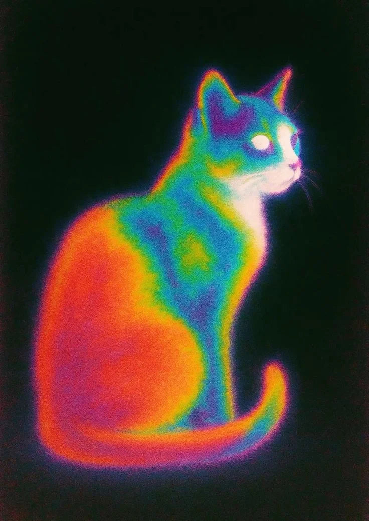 Un félin spectral émergeant de l'obscurité thermique, son corps rougeoyant d'un cramoisi chaud tandis que des bleus froids dessinent une silhouette surréaliste sur le vide.. abstract, blue, digital, green, orange, surreal