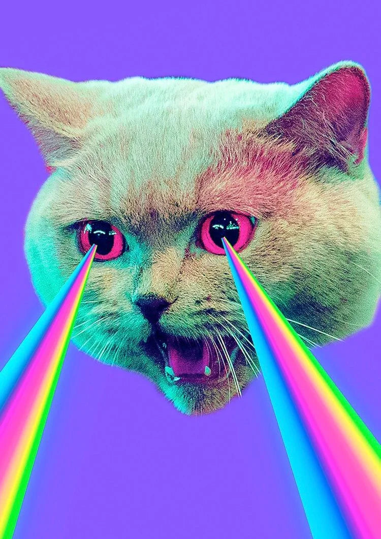 Œuvre d'art numérique surréaliste d'un chat émettant des rayons laser sur un dégradé violet.. blue, digital, green, pink, playful, surreal