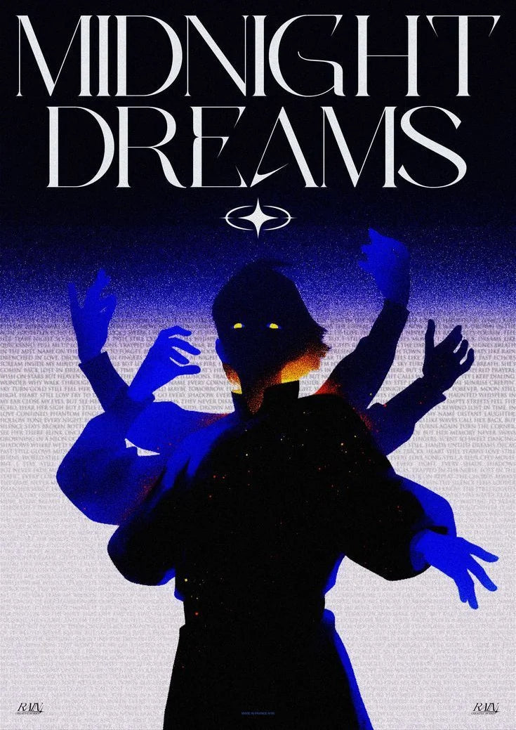 Minimalist digital illustration featuring a central figure with outstretched arms against a dark blue-black gradient, evoking a mystical dreamscape.