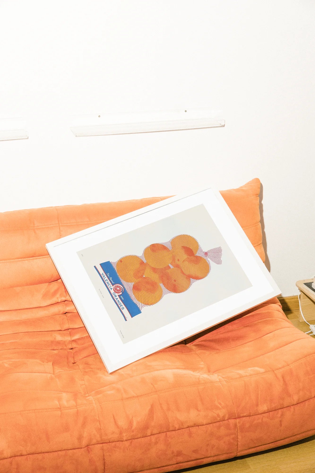 Terra-Print 2020 capture un sac vibrant d'oranges de Valence sur une toile blanche, avec des lignes graphiques audacieuses et une texture de grille sérigraphiée.. blue, bold, illustration, ink, orange, retro, vintage