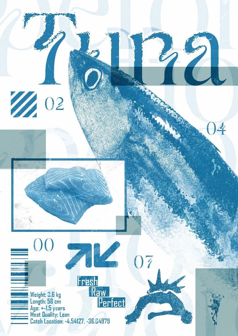 Minimalist digital illustration of a tuna fish surrounded by bold typography and clean lines against a serene watercolor texture.