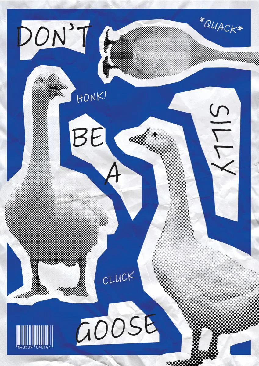 Whimsical collage of stylized geese with bold typography on a vibrant blue backdrop.