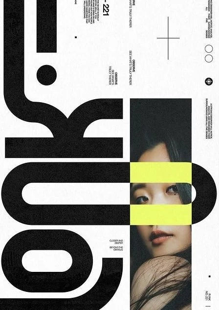 Stark black typography overlays a split portrait, where a vivid yellow stripe cuts through photographic textures. Modern graphic meets introspective poetry.