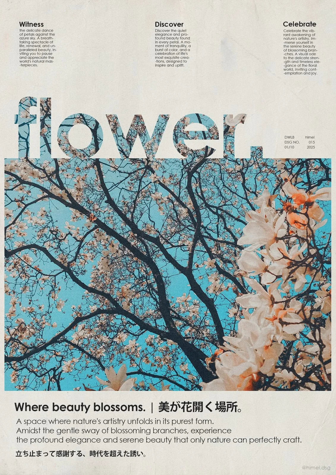 Photographie d'un arbre en fleurs sur un ciel serein, avec du texte encadrant la scène naturelle vibrante.. blue, pastel, photographic, serene, white