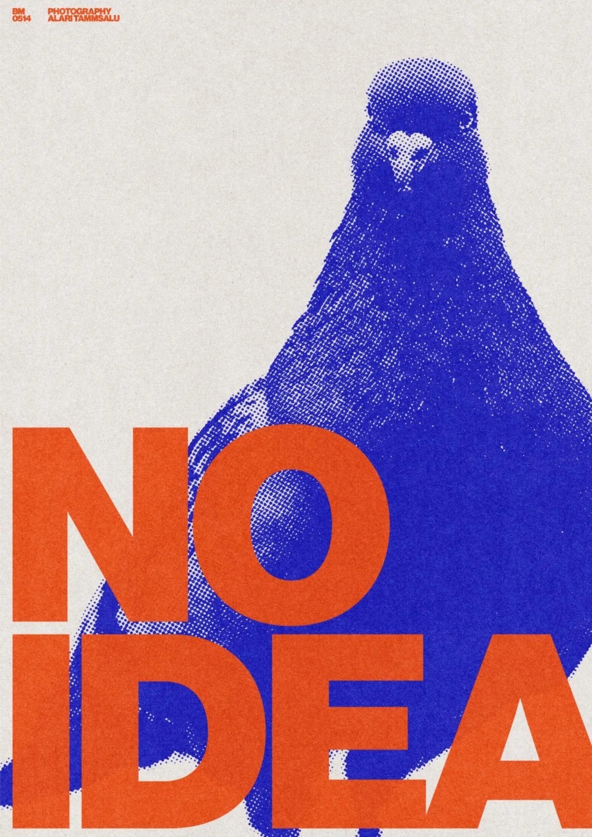 A minimalist digital illustration featuring a stylized pigeon with blue dot texture, overlaid by bold orange 'NO IDEA' text. High-contrast aesthetic creates a moody, modern atmosph