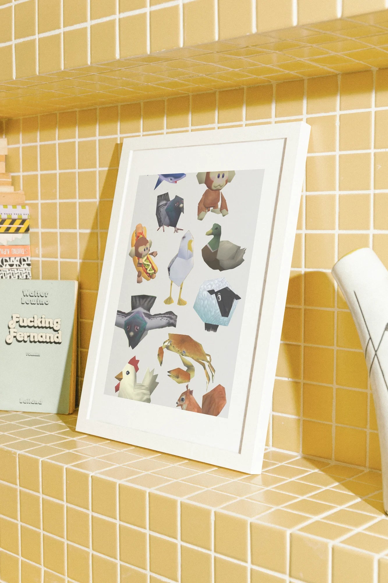 Des animaux et objets de dessin animé 3D stylisés se rencontrent dans un joyeux collage dispersé de couleurs vives et de formes exagérées.. animals, blue, collage, digital, orange