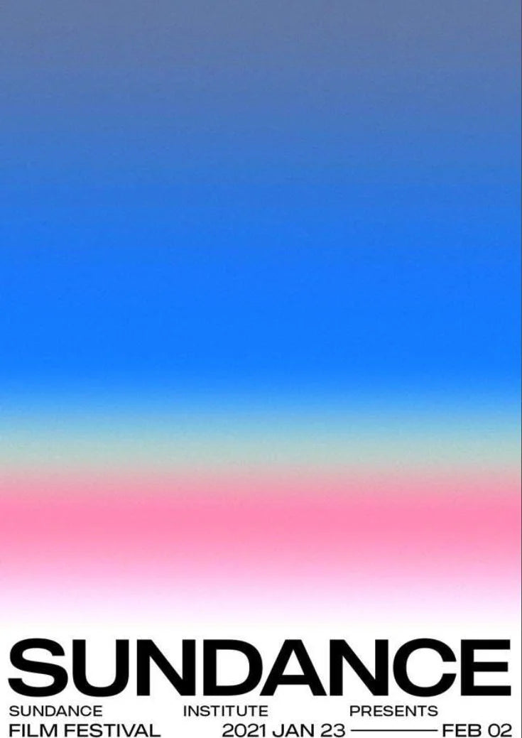Un dégradé doux passe du bleu océan profond au rose poudré, sur une typographie noire audacieuse pour Sundance 2024. La composition minimaliste évoque le cœur émotionnel du cinéma moderne.. blue, minimalist, modern, pink, typographic