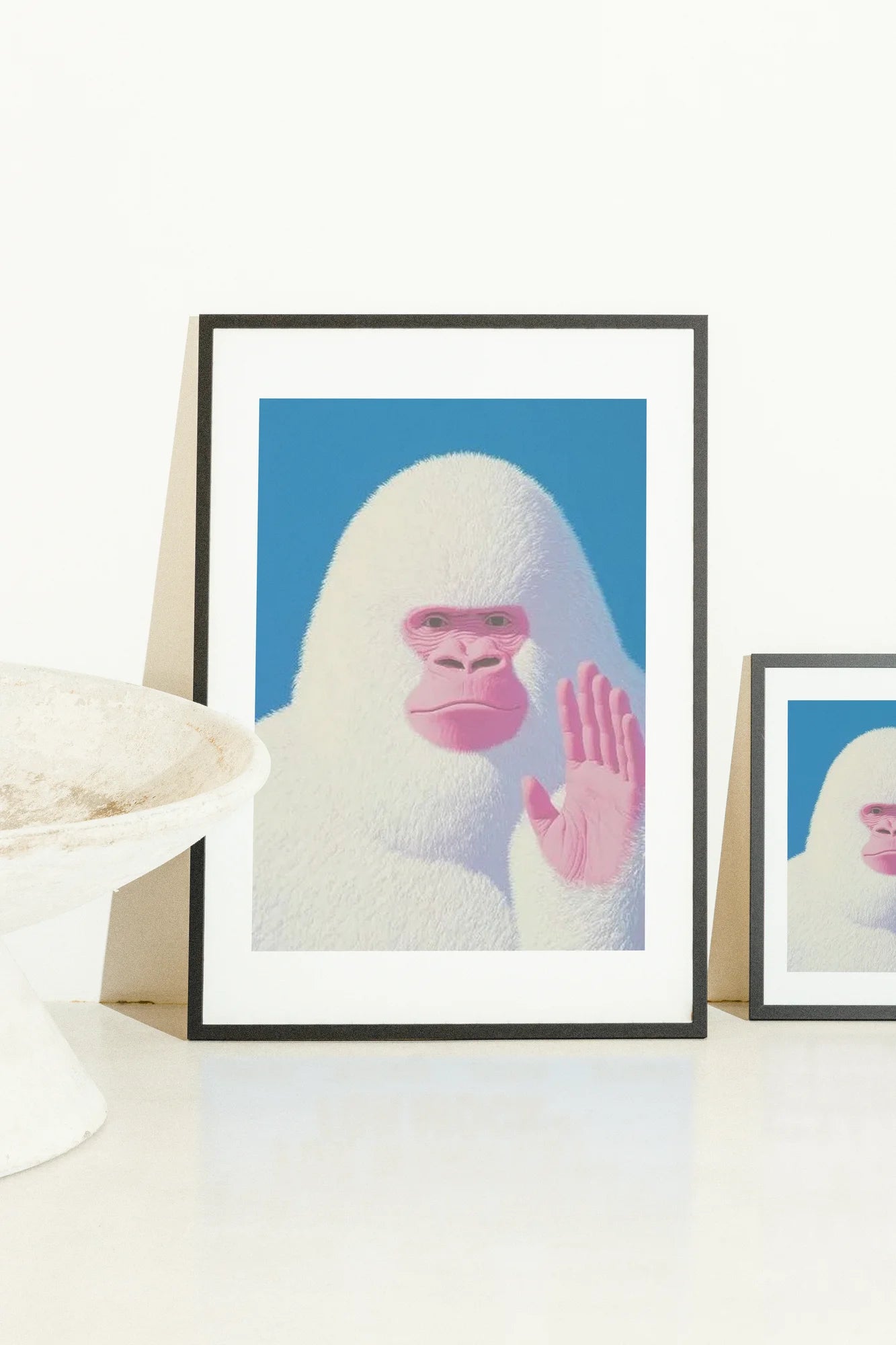 Un gorille blanc joueur avec un visage et des mains roses sur un fond bleu uni, capturant un style numérique fantaisiste qui mélange le surréalisme avec un contraste vibrant.. animal, blue, illustration, pink, surreal, white