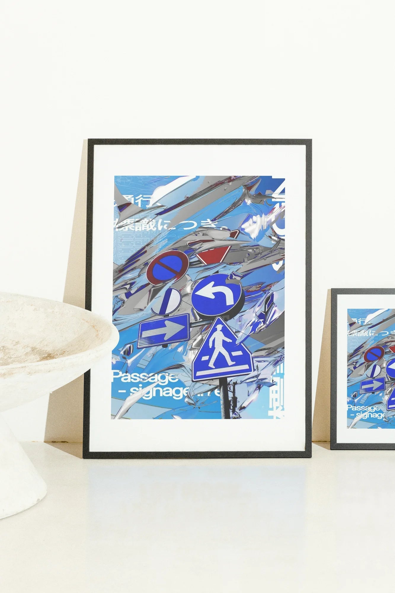 Géométrie néon futuriste sur béton, où les panneaux de signalisation émergent comme des signaux numériques dans un paysage urbain vibrant et superposé.. blue, collage, digital art, geometric, white