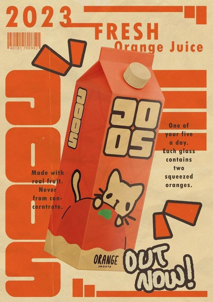 Retro-modern kinetic typography merges bold orange hues with a playful cat silhouette inside a geometric carton. Vibrant graphic elements and vintage type create an energetic, whim