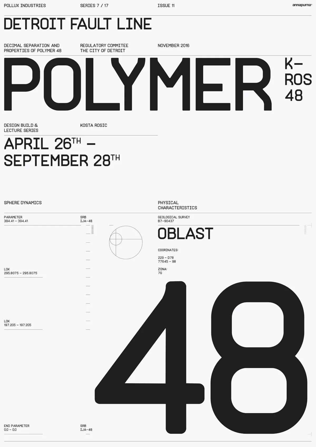 A stark geometric cover featuring 'POLYMER' and dates against black-and-white minimalism, evoking Detroit's industrial soul.