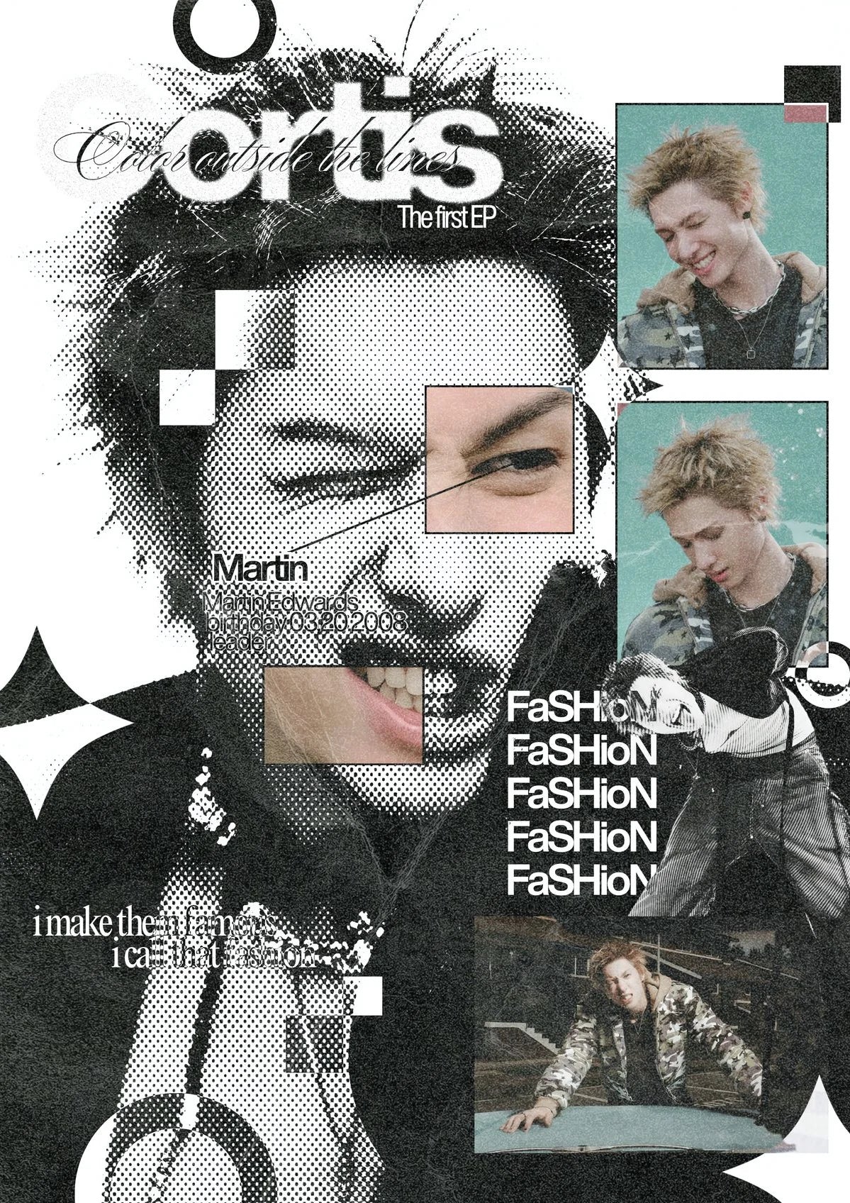 Halftone collage fusion of text and figure; edgy minimalism for 2025.
