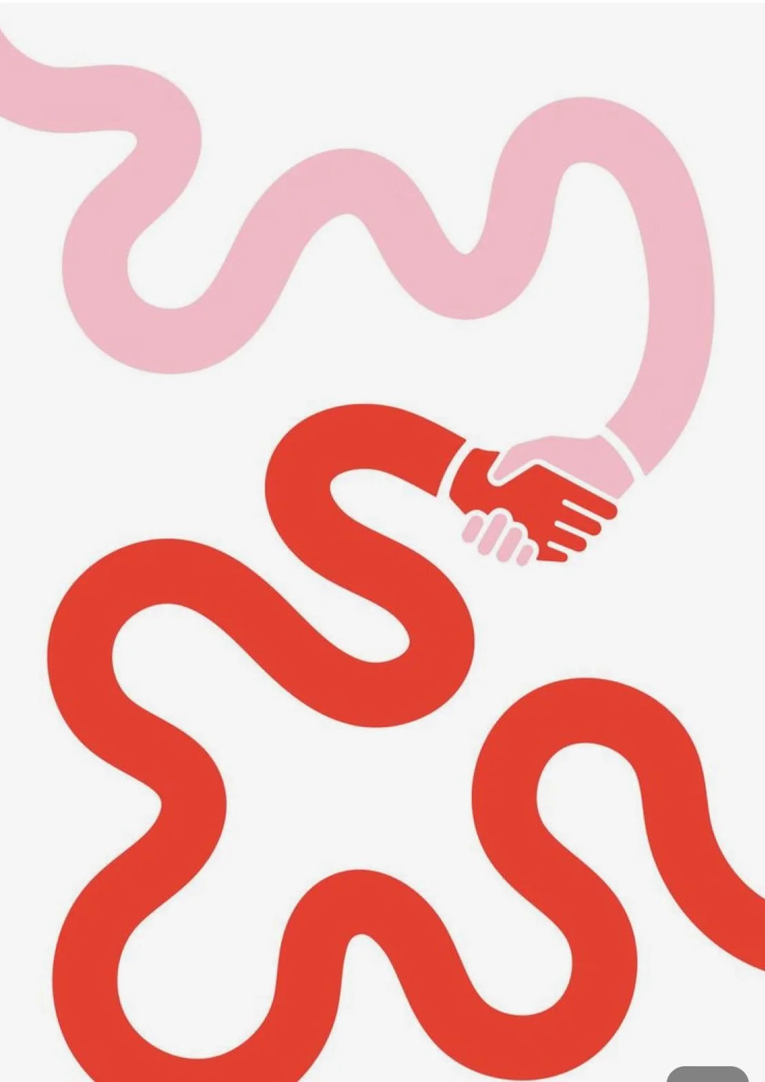 Une poignée de main numérique minimaliste définie par des lignes curvilignes, célébrant la connexion à travers des rouges et roses audacieux sur une toile d'un blanc éclatant.. digital, line art, minimalist, pink, red, white