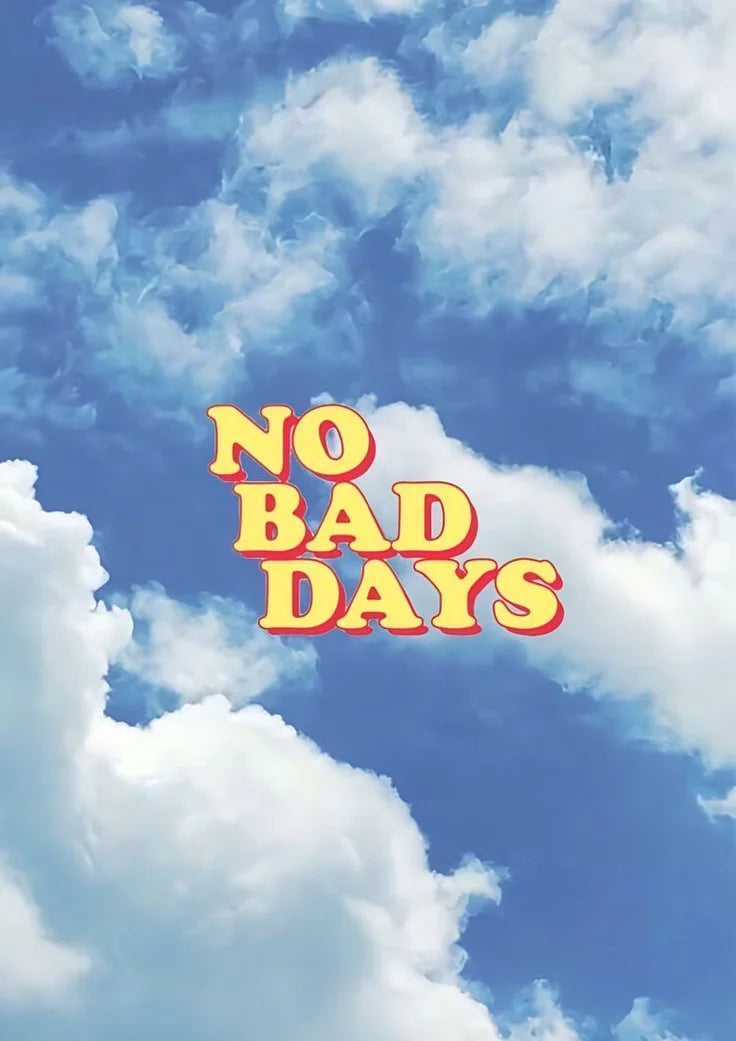 Une typographie rétro minimaliste déclare l'optimisme sur un ciel bleu éclatant. Une composition joyeuse de teintes vives et de nuages moelleux, évoquant un pur renouveau.. blue, minimalist, red, retro, vibrant, white, yellow