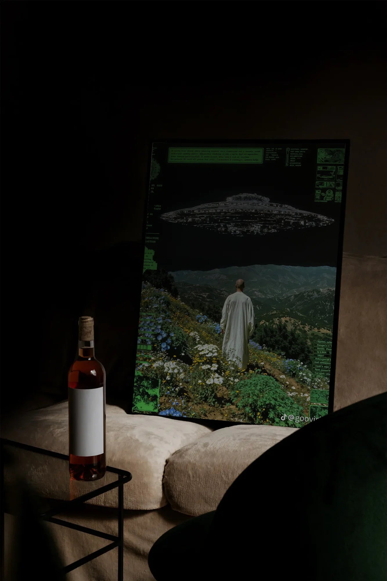 Monk and UFO on Hill - mockupsofa-dark
