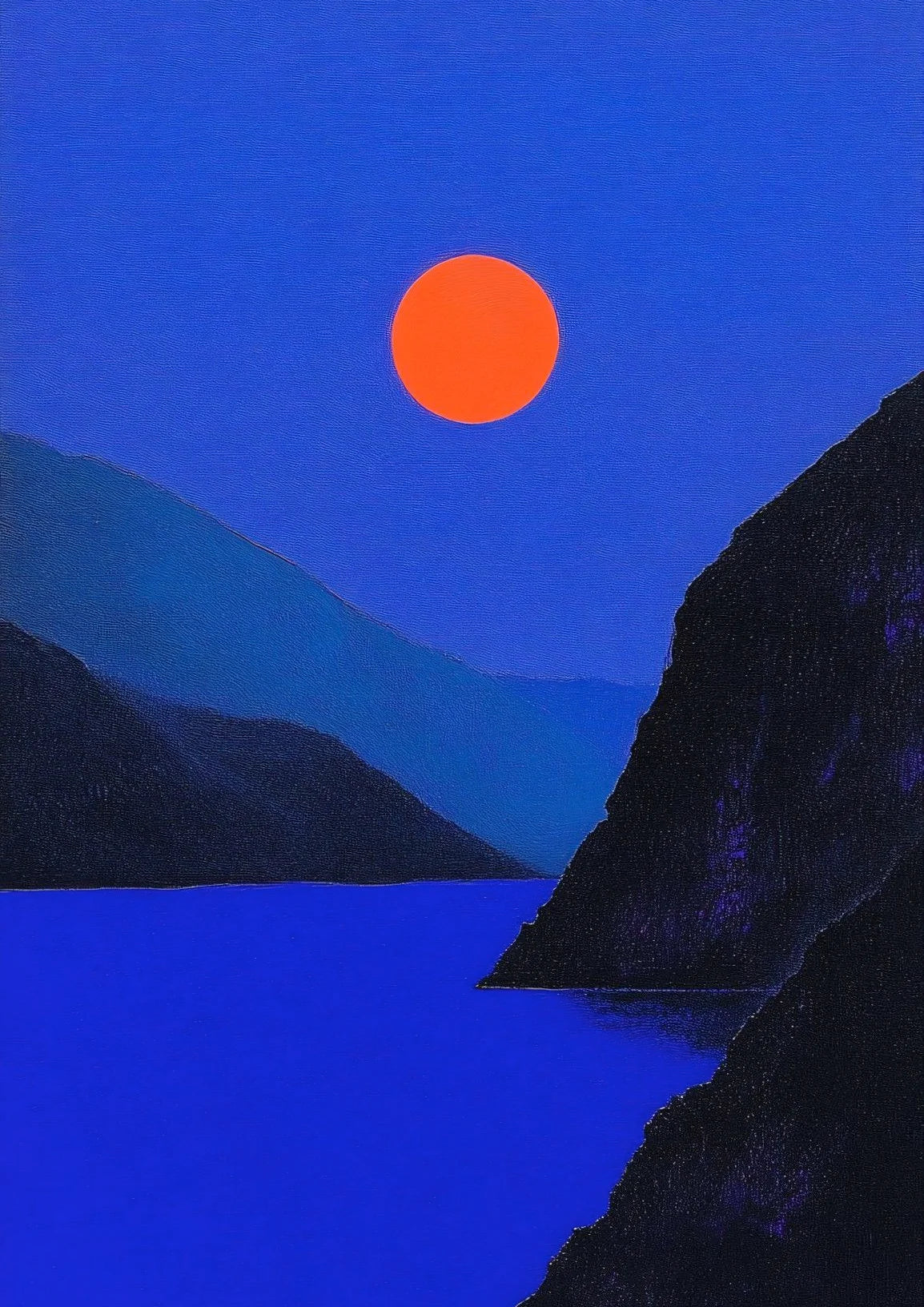Des teintes plates audacieuses contrastent une lune orange lumineuse sur des eaux d'un bleu profond, flanquées de silhouettes sombres. Un paysage minimaliste capturant un mystère serein.. celestial, minimalist, serene