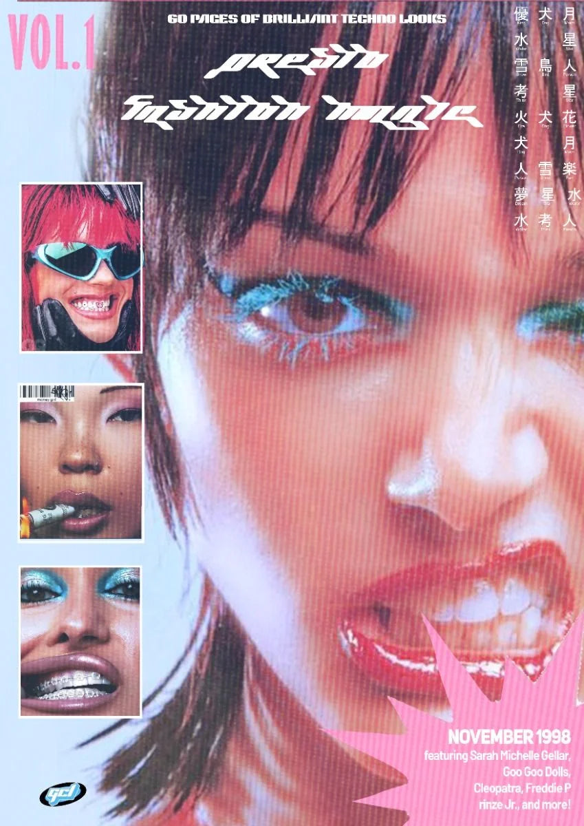 A close-up portrait of a woman's face, surrounded by mirrored inset images. Vibrant pink and blue tones meet with sharp red lips and blue eyeshadow, punctuated by an edgy starburst
