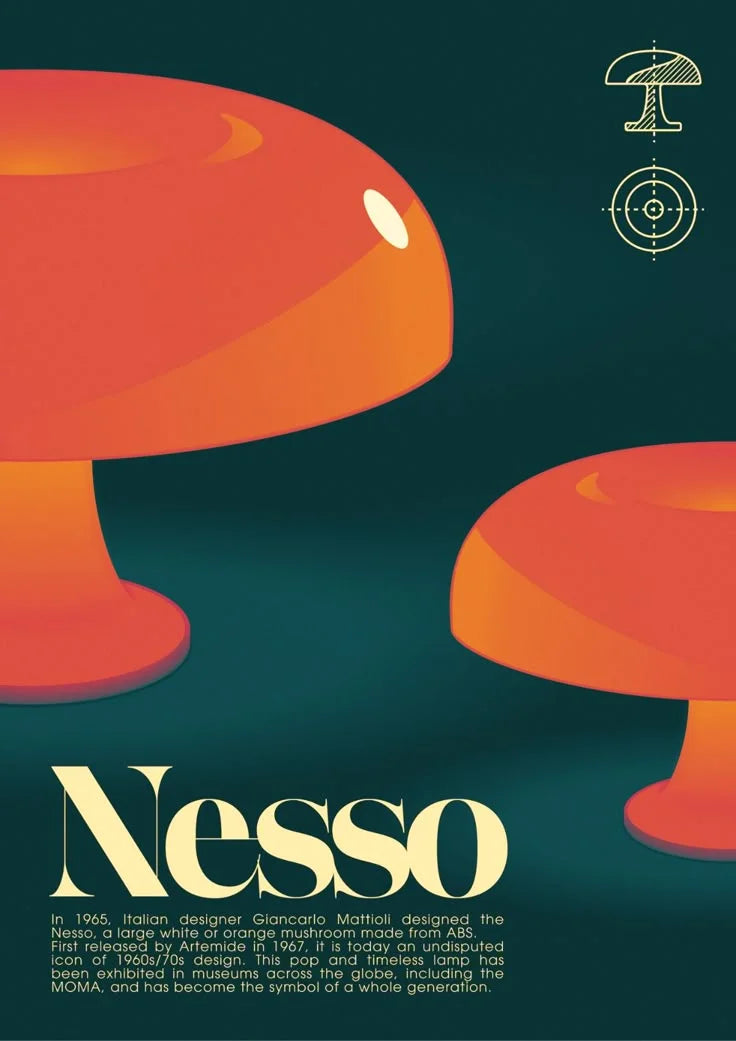 Une typographie audacieuse rencontre une géométrie organique sur une toile sarcelle profonde. Une interprétation numérique vibrante de champignons stylisés aux bords nets et à l'énergie cinétique.. botanical, geometric, minimalist, orange, red, teal