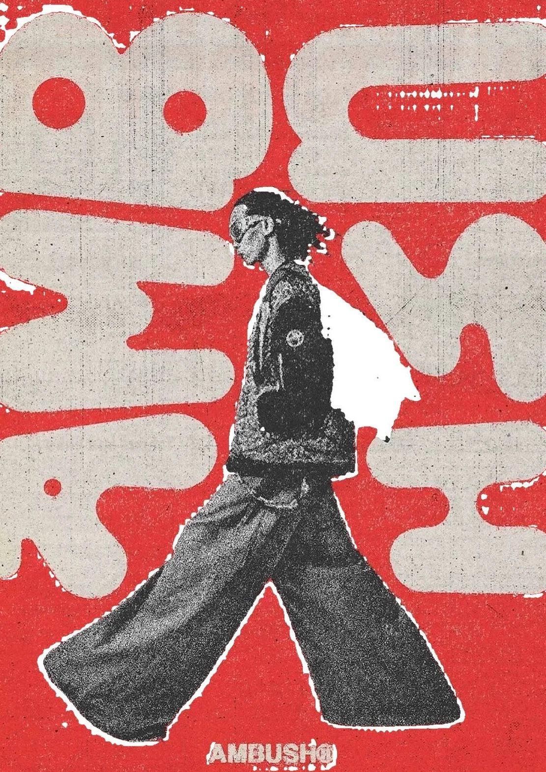 A retro-styled figure strides across a bold red canvas, rendered in muted tones to echo an air of kinetic modern art.